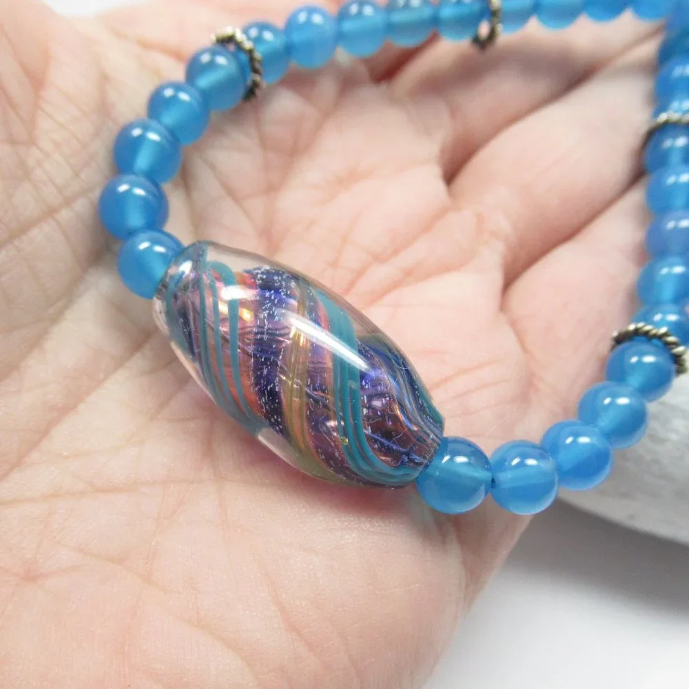 Blue Quartz Stone Necklace With Glass Bead